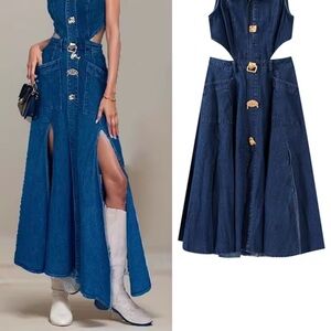 Elegant Blue Denim Midi Dress with Cut-Outs